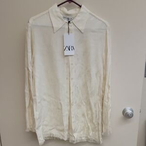 Zara Off-White Textured Button-Up Shirt